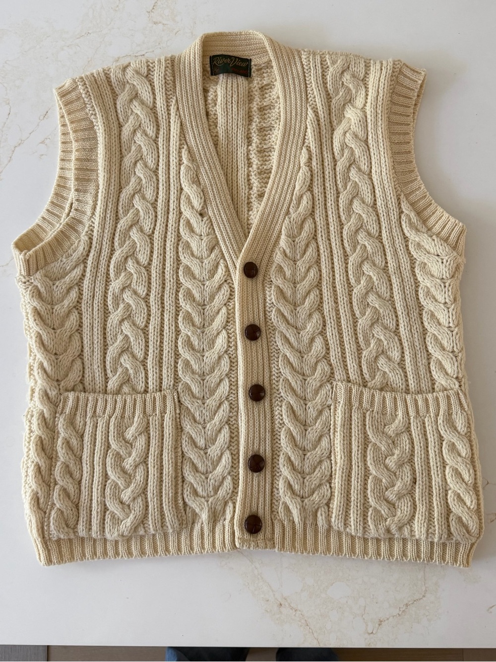 Vintage Irish chunky cable knit cardigan vest